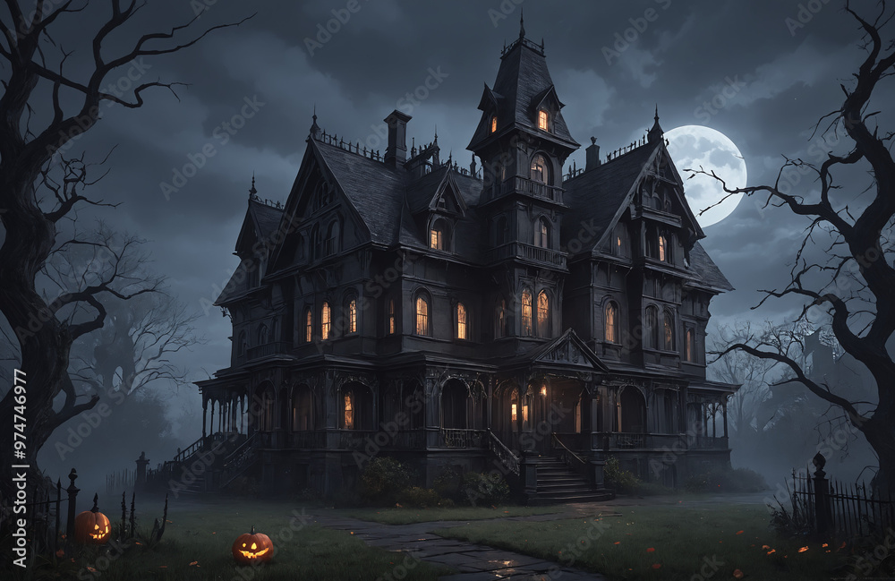 3d render of halloween theme haunted house at night with big moon 3d render of halloween theme haunted house at night with big moon