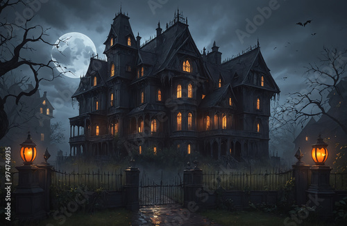 3d render of halloween theme haunted house at night with big moon