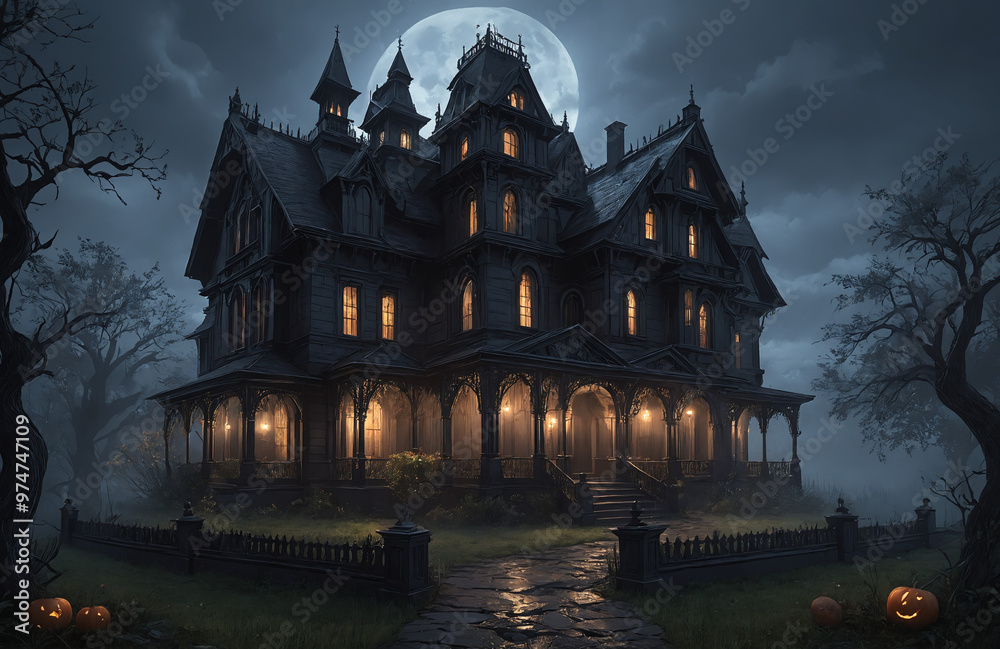3d render of halloween theme haunted house at night with big moon 3d render of halloween theme haunted house at night with big moon