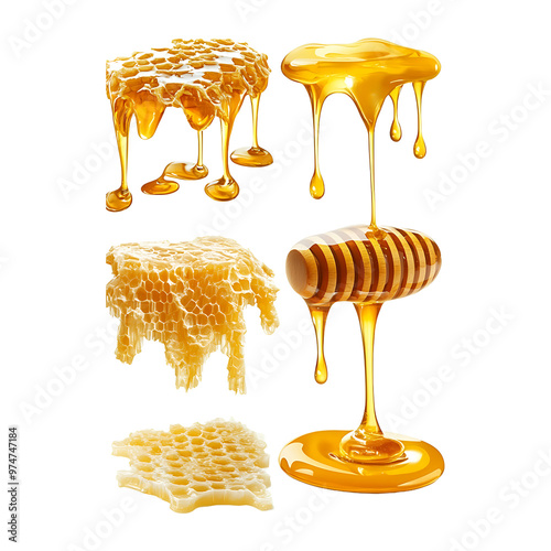 Set, collection of sweet honey drips isolated on transparent background.