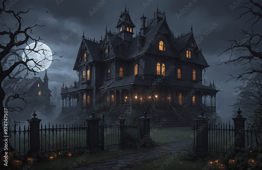 3d render of halloween theme haunted house at night with big moon 3d render of halloween theme haunted house at night with big moon