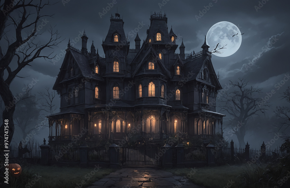 3d render of halloween theme haunted house at night with big moon 3d render of halloween theme haunted house at night with big moon