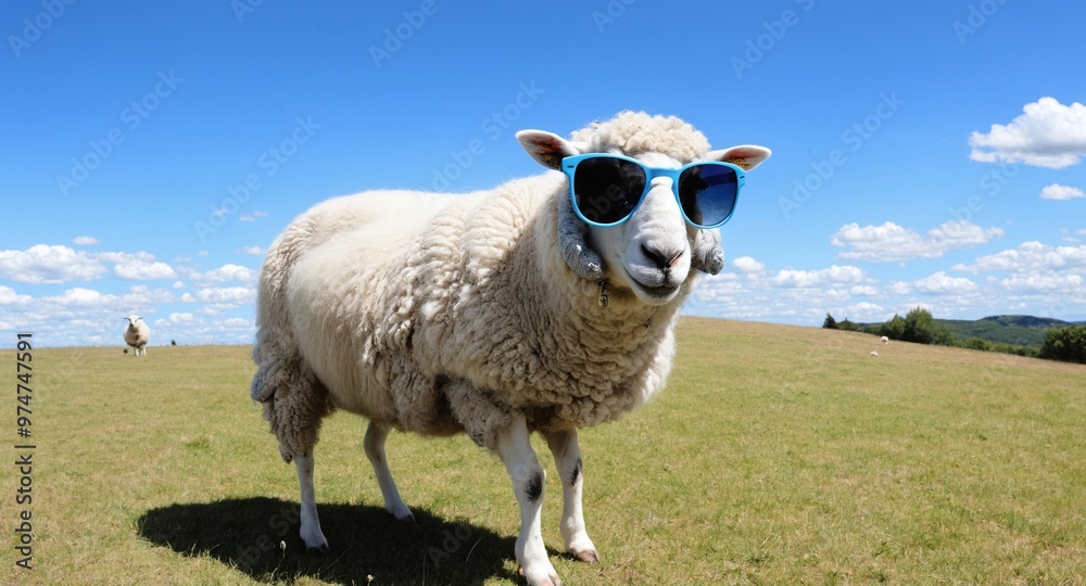 Fototapeta premium Funny sheep stands confidently wearing sunglasses on green grass meadow.