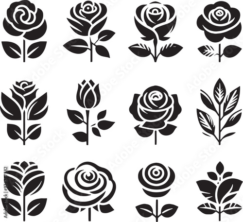 Decorative rose with leaves. Flower silhouette icons set