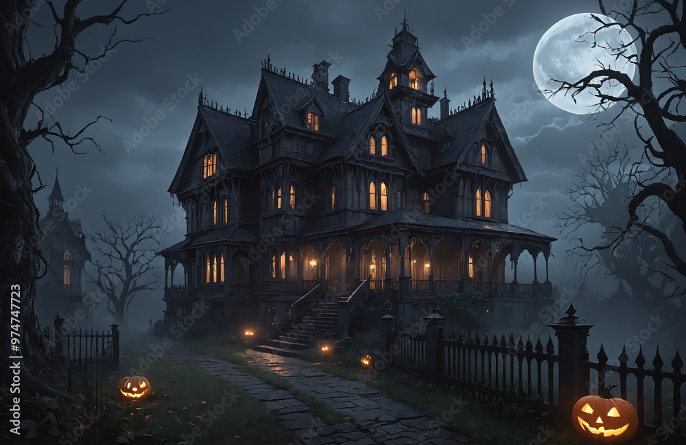 3d render of halloween theme haunted house at night with big moon 3d render of halloween theme haunted house at night with big moon