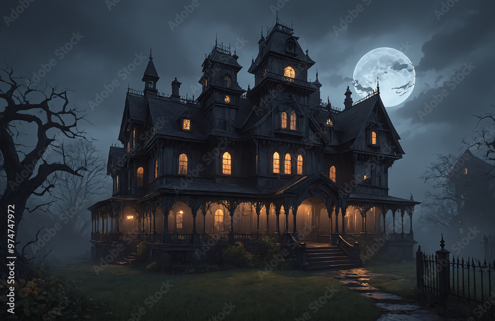 3d render of halloween theme haunted house at night with big moon