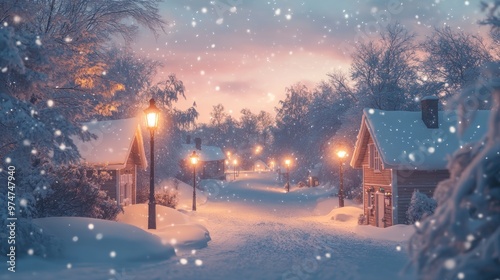 Snow-covered village street with illuminated lampposts at dusk