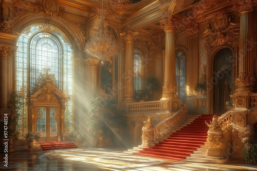 opulent golden throne room with intricate baroque details sunlight streaming through stained glass windows rich red velvet draperies and ornate chandeliers photo