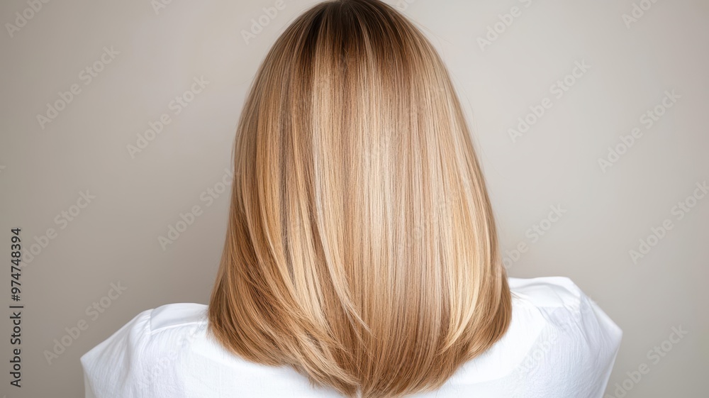 A close-up view of smooth, shiny blonde hair, showcasing a stylish haircut against a neutral background.