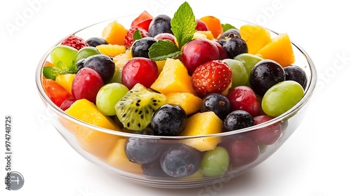 Tasty fruit salad in bowl isolated on white : Generative AI