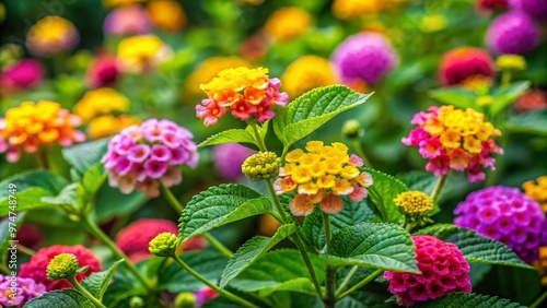 Vibrant yellow, pink, and purple lantana flowers bloom amidst lush green foliage, creating a colorful and serene atmosphere in a beautifully maintained garden setting. photo