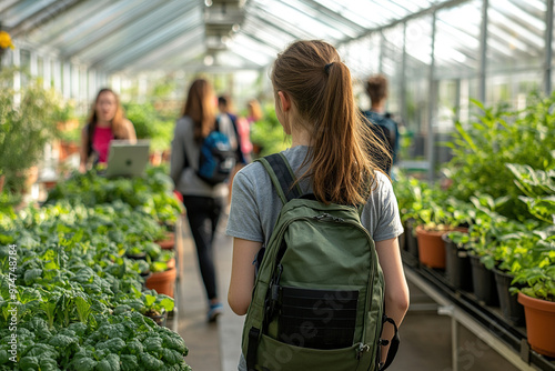 Students walking in greenhouse with plants photo