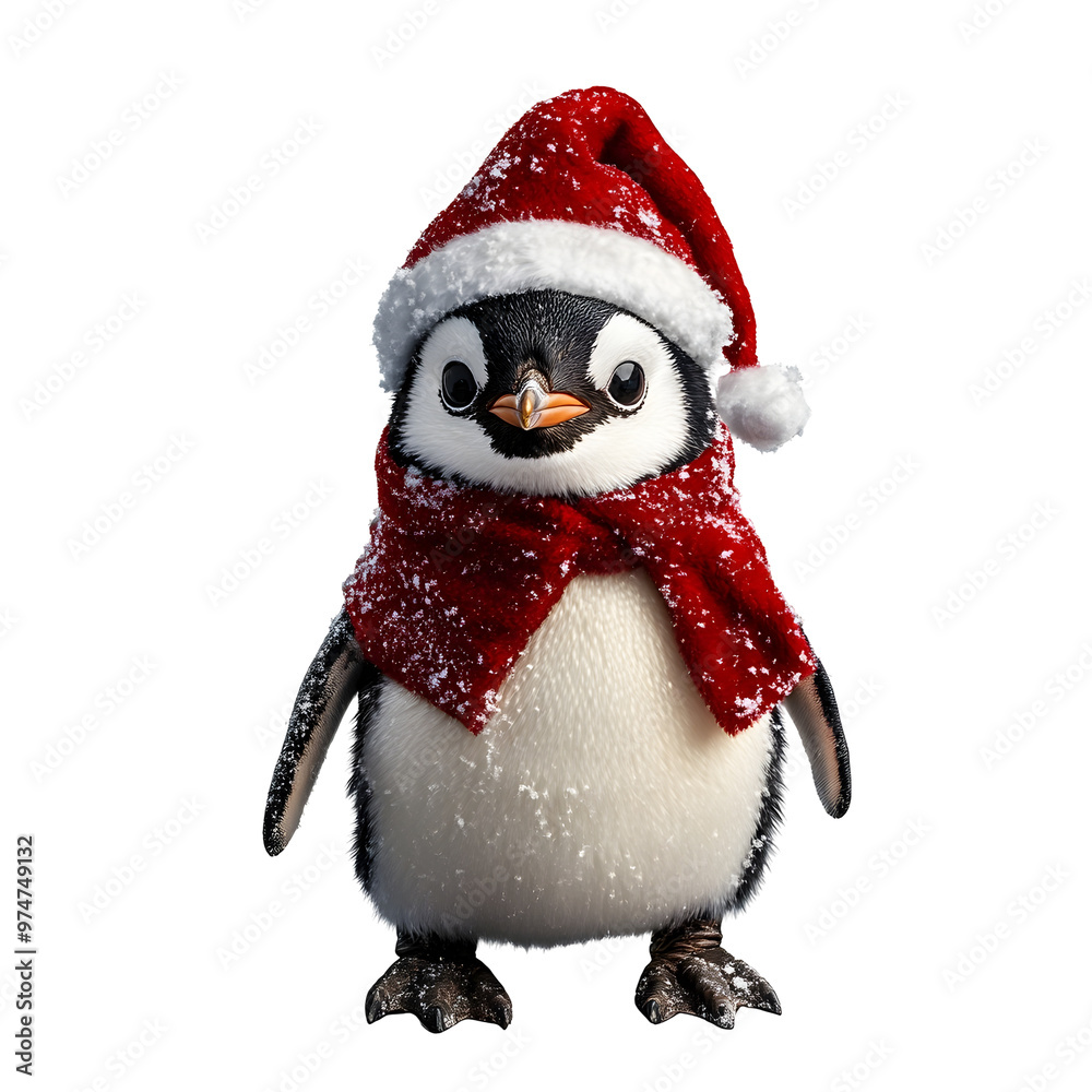 Fototapeta premium Jolly Penguin Dressed in Festive Elf Costume Against White Backdrop