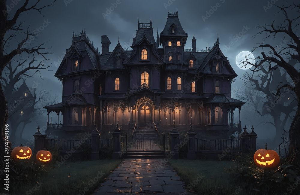 3d render of halloween theme haunted house at night with big moon 3d render of halloween theme haunted house at night with big moon