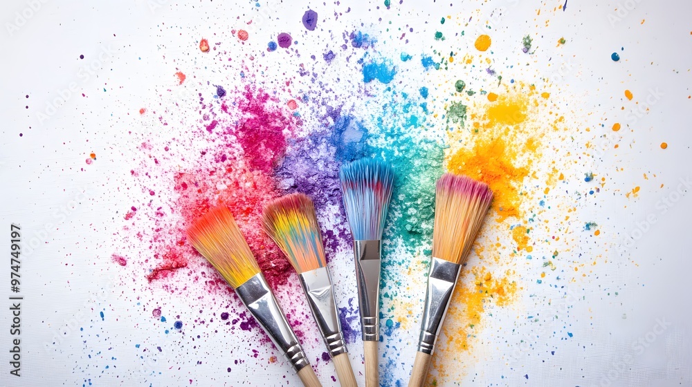 Fototapeta premium Brushes with Colorful Paint Stains on White Background, Abstract Image, Texture, Pattern Background, Wallpaper, Cover and Screen of Smartphone, PC, Laptop, 9:16 and 16:9 Format
