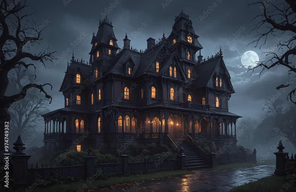 3d render of halloween theme haunted house at night with big moon 3d render of halloween theme haunted house at night with big moon
