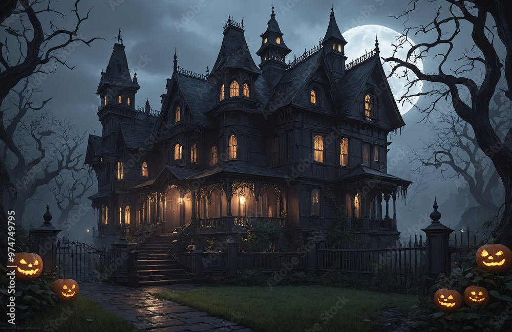 3d render of halloween theme haunted house at night with big moon 3d render of halloween theme haunted house at night with big moon