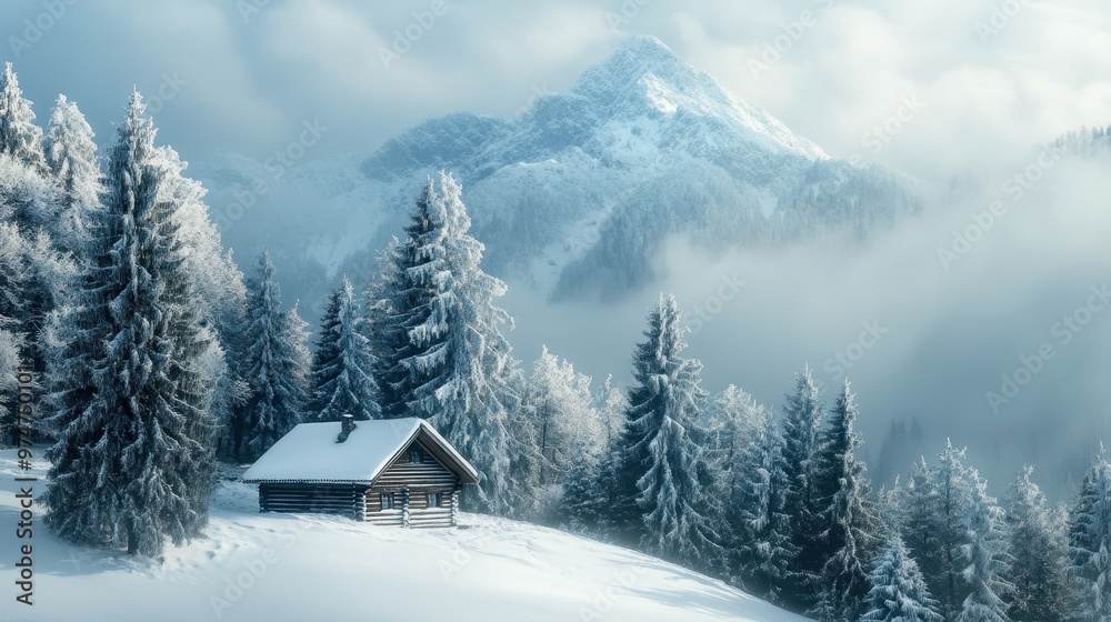 Snowy Cabin in a Misty Mountain Landscape Snowy Cabin in a Misty Mountain Landscape