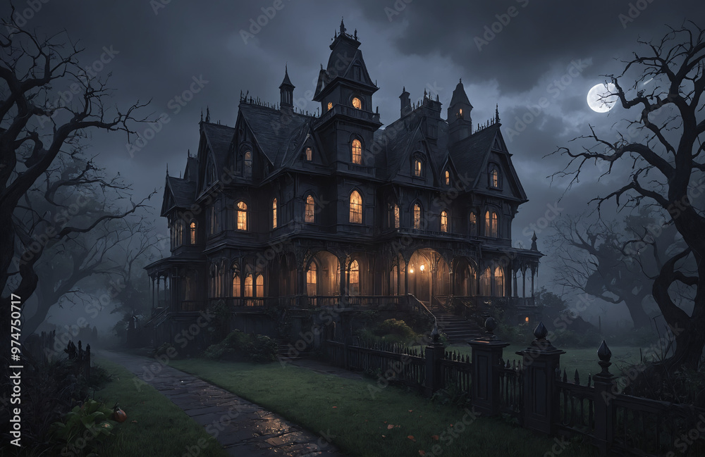 3d render of halloween theme haunted house at night with big moon 3d render of halloween theme haunted house at night with big moon