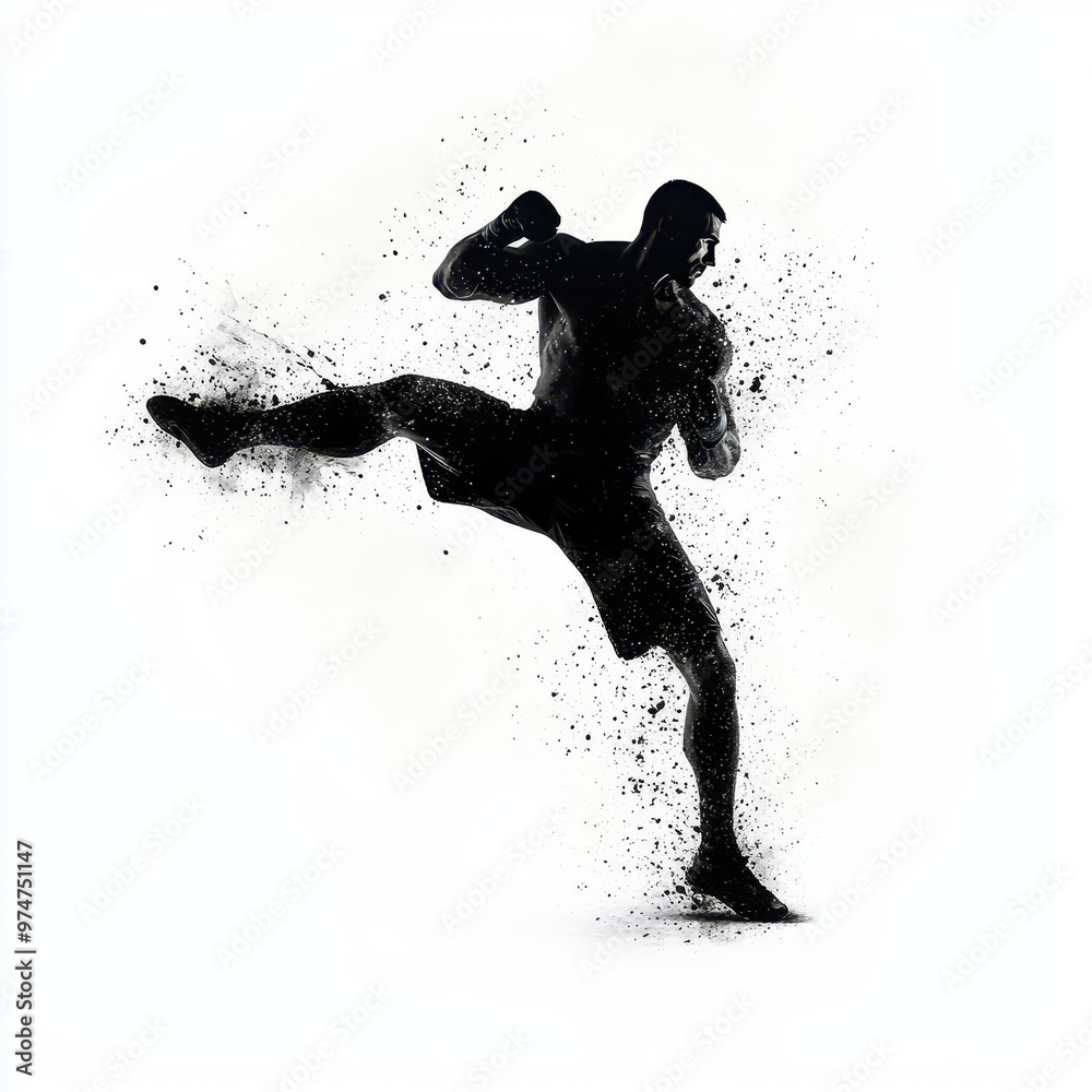 Naklejka premium MMA fighter blocking a kick, intense energy, dynamic shadows, highimpact moment, isolated on white background