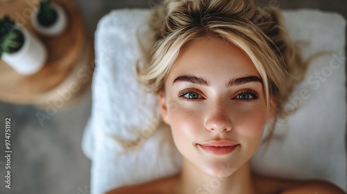 Beauty And Relaxation Young blonde woman enjoying facial massage lying on spa bed indoor at beauty salon high angle shot of lady relaxing during facebuilding treatment : Generative AI photo