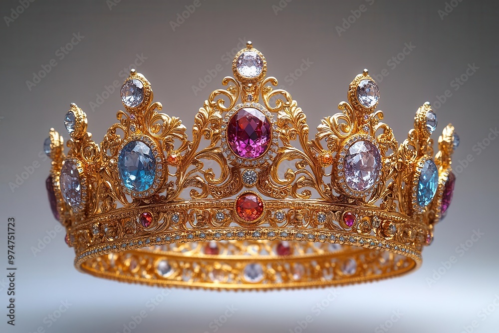 ornate golden crown adorned with precious gems floating in a void against a stark white background intricate filigree details catch the light creating a regal and luxurious appearance ornate golden crown adorned with precious gems floating in a void against a stark white background intricate filigree details catch the light creating a regal and luxurious appearance