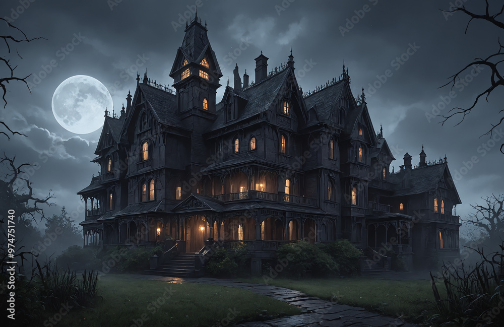3d render of halloween theme haunted house at night with big moon 3d render of halloween theme haunted house at night with big moon