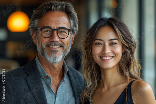 Smiling man and woman looking at the camera