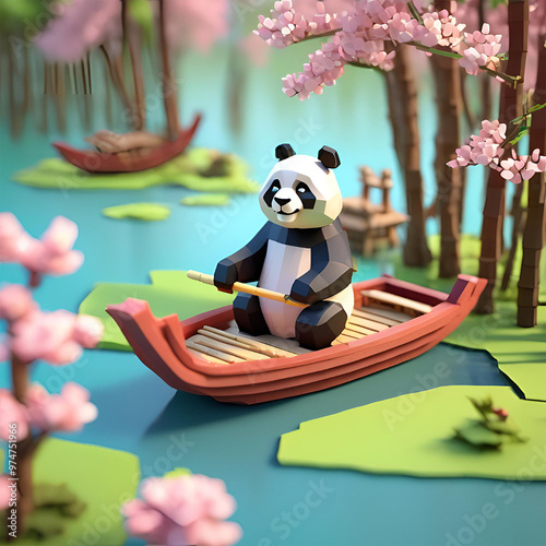 Panda rowing a boat, Pnda 3D photo