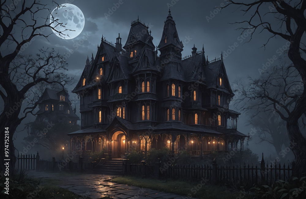3d render of halloween theme haunted house at night with big moon 3d render of halloween theme haunted house at night with big moon