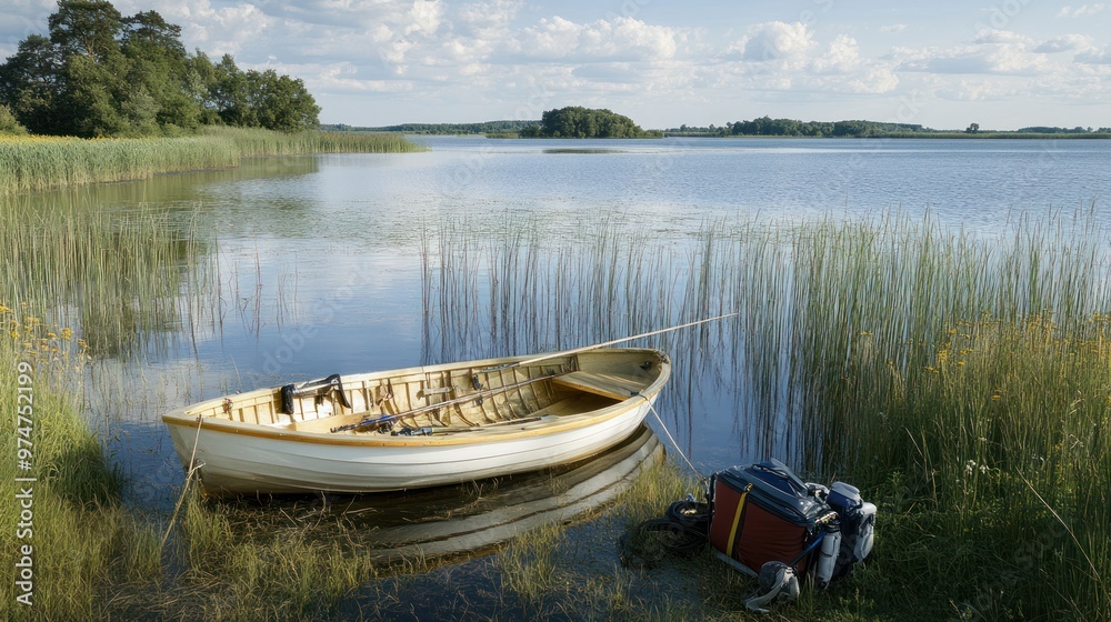 A serene lakeside scene featuring a boat and a backpack by the water's edge. A serene lakeside scene featuring a boat and a backpack by the water's edge.