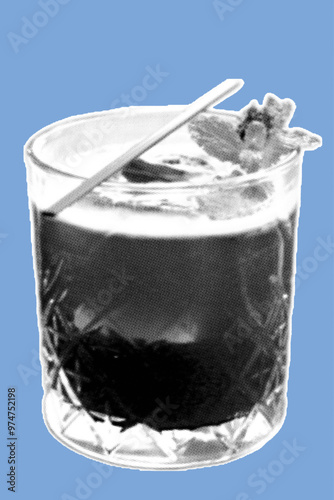 close up of cold brew coffee mocktail pixelate grayscale color halftone dotted texture style collage element isolated on blue background