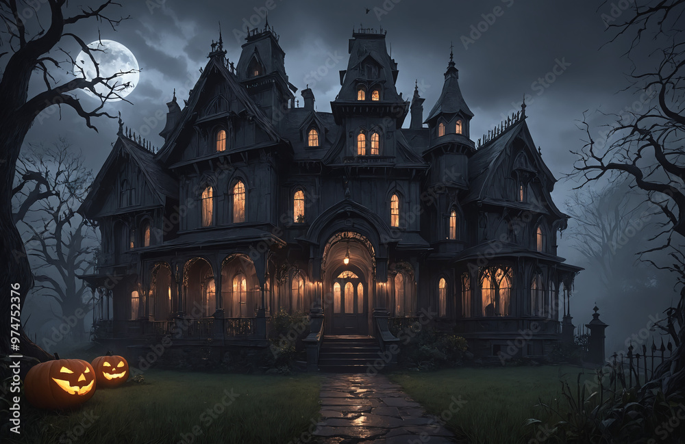 3d render of halloween theme haunted house at night with big moon 3d render of halloween theme haunted house at night with big moon