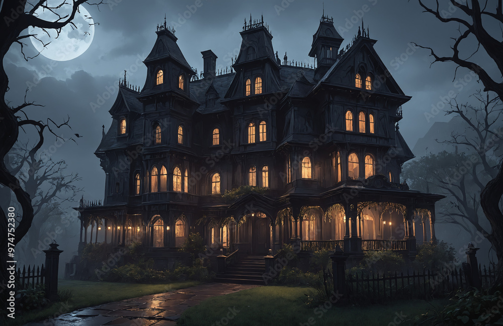 3d render of halloween theme haunted house at night with big moon 3d render of halloween theme haunted house at night with big moon
