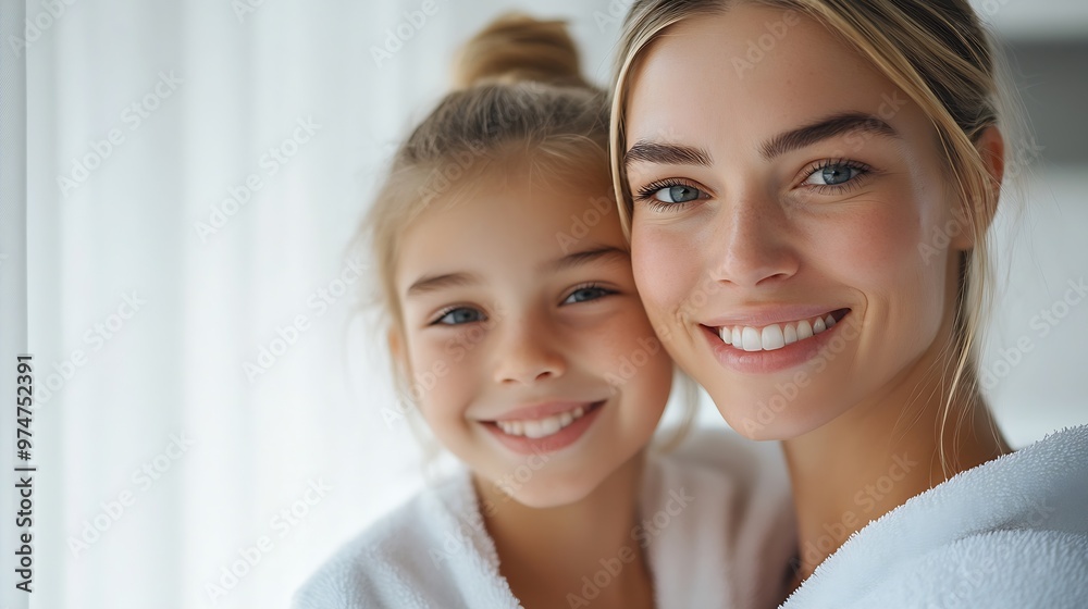Happy caucasian mother with daughter wearing hydrogel patches smiling looking at camera on white background Blondes wear robes to take care of their skin Cosmetic natural trend : Generative AI Happy caucasian mother with daughter wearing hydrogel patches smiling looking at camera on white background Blondes wear robes to take care of their skin Cosmetic natural trend : Generative AI