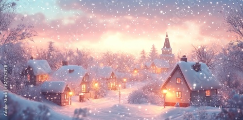 Snow-Covered Village at Sunset with Illuminated Windows