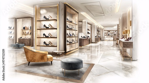 Shoe store interior design sketch.