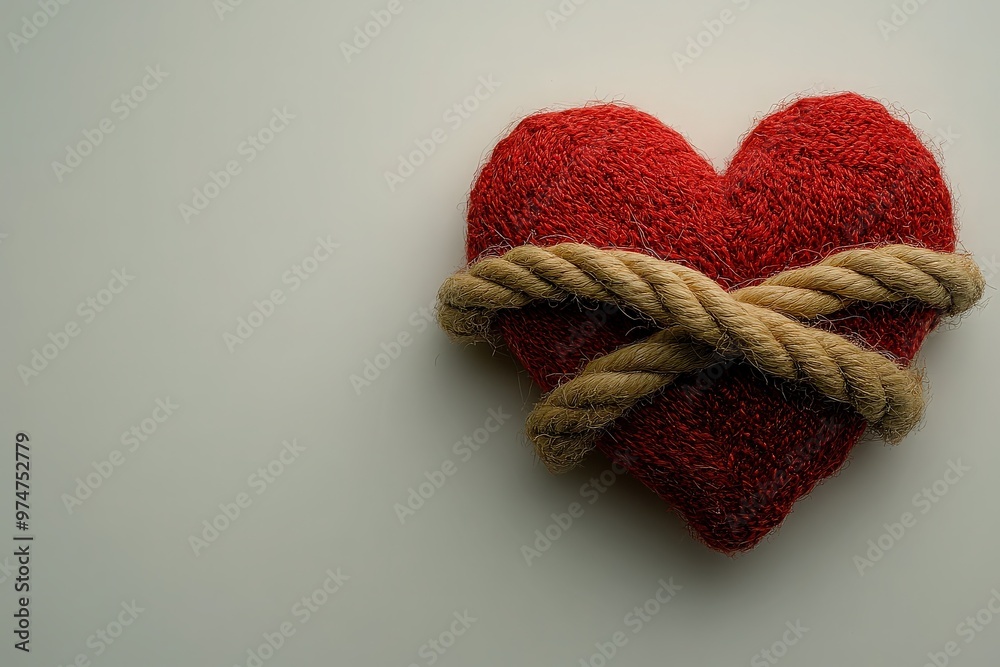 Red heart tied with rope on plain background Red heart tied with rope on plain background