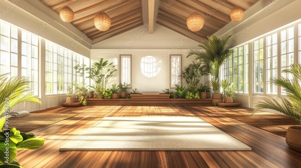 Fototapeta premium A serene indoor space filled with plants, wooden floors, and natural light, ideal for relaxation.