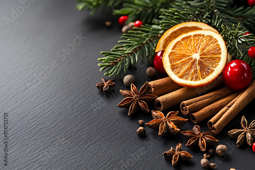 Background with ingredients such as cinnamon, cloves, and star anise, symbolizing the warmth of this traditional winter drink