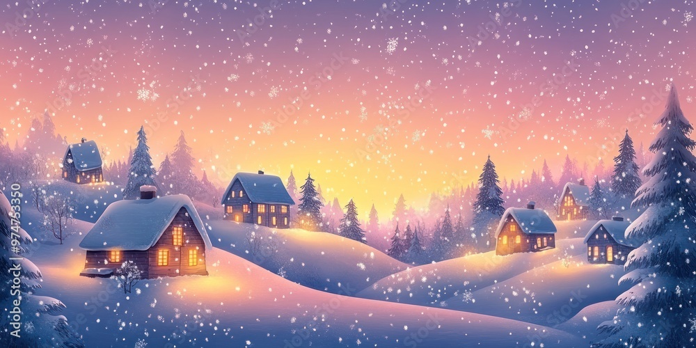 Naklejka premium Snowy Winter Landscape with Cozy Cottages and Falling Snow