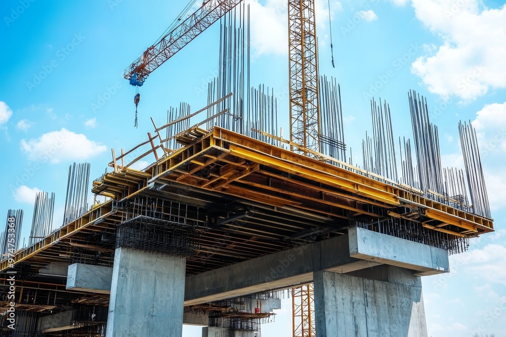 Under construction highway bridge with steel framework and crane against clear blue sky