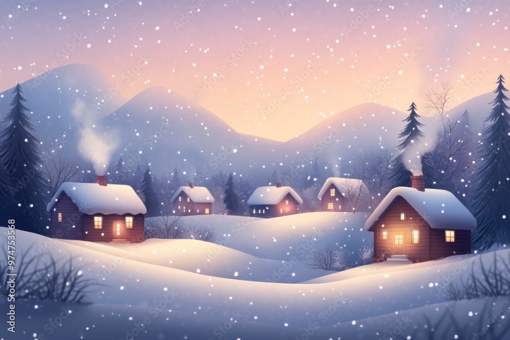 Fototapeta premium Cozy Cabin Village Under a Snowy Twilight Sky