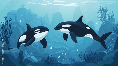 Two orcas swimming in an underwater scene with rocks and kelp.