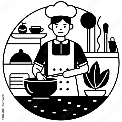 Minimalist icon of person cooking in black on white background for culinary concept