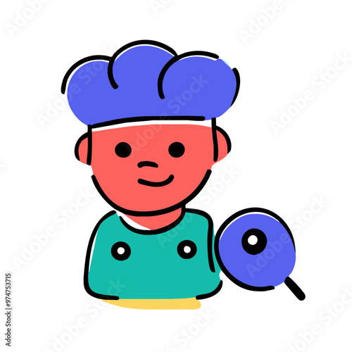 Cartoon Chef Icon with Curious Mood Exploring Cuisine with Magnifying Glass