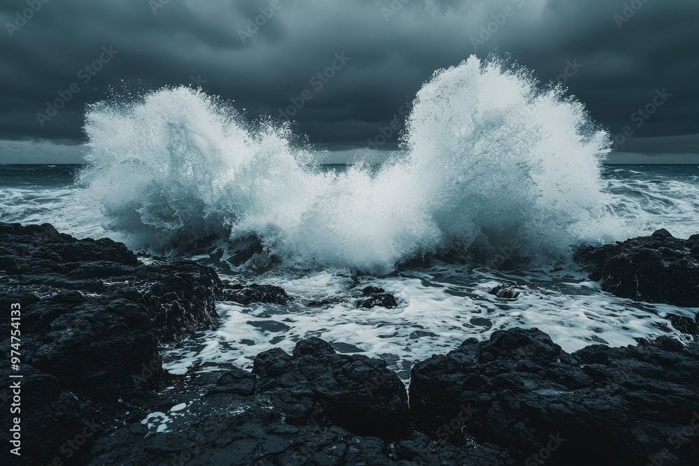 Obraz premium Dramatic Waves Crashing Against Rocky Shoreline Under a Stormy Sky
