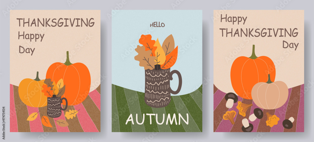 Fototapeta premium Thanksgiving greeting card set, poster, cover with autumn leaves and pumpkins. Autumn print, banner or flyer design.