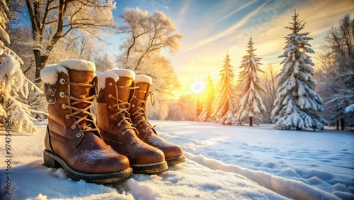 Warm and waterproof snow boots with rugged soles and soft insulation, standing upright on a snowy winter landscape, surrounded by frozen trees and frosty atmosphere. photo