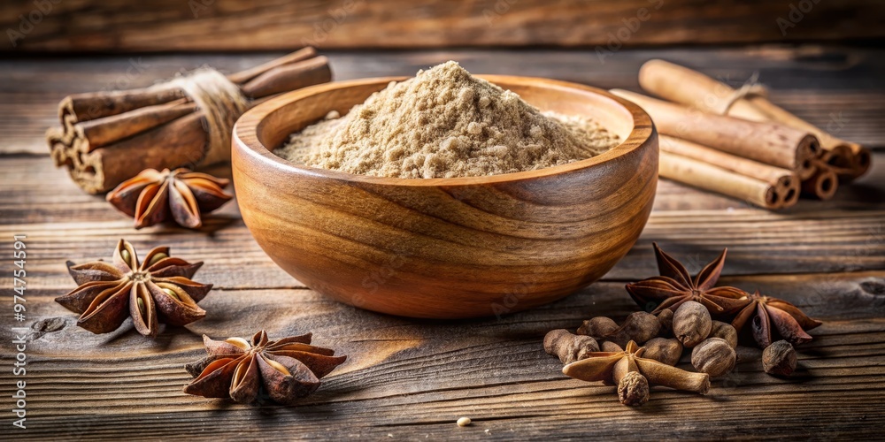 Cinnamon and Star Anise Powder in Wooden Bowl, Rustic Background, Food Styling, Spice , Anise , Cinnamon Cinnamon and Star Anise Powder in Wooden Bowl, Rustic Background, Food Styling, Spice , Anise , Cinnamon